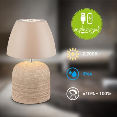 LED настільна лампа BRILONER бездротова IP44 з сенсором, диммуванням, керамічним цоколем, для дому та саду, 13,5x22 см, Бежева