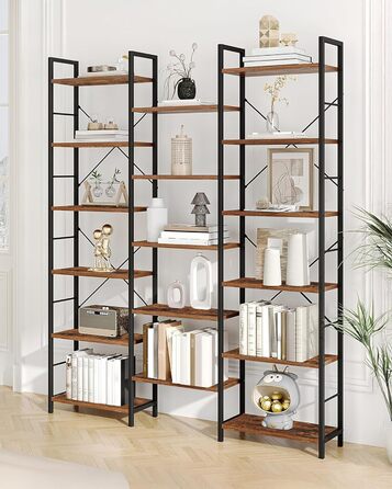 Книжкова шафа Hzuaneri, 17 полиць, 6 ярусів, регульована, 340 кг, 24x152x186 см, для вітальні та офісу, вінтаж, коричнево-чорна