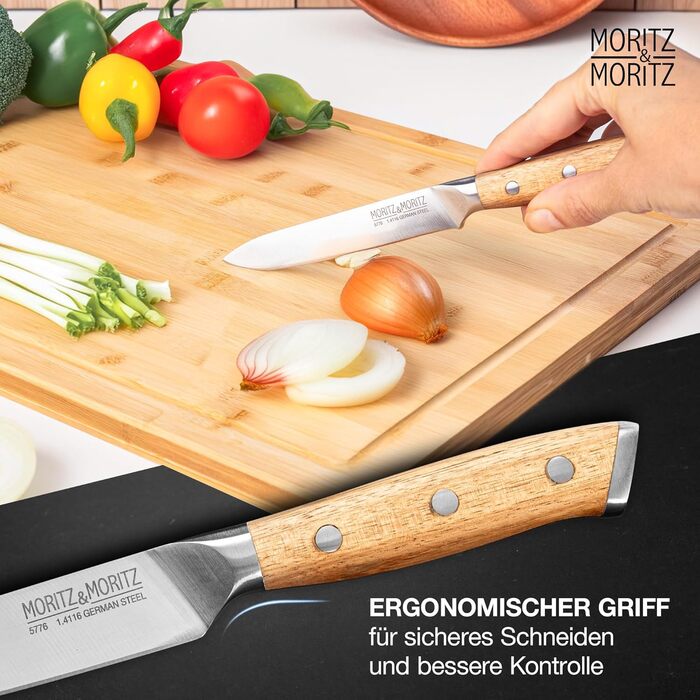 Ніж кухонний Moritz & Moritz Profi Küchenmesser 13 см - універсальний, для овочів, м'яса, фруктів, з ергономічною ручкою з акації, німецька сталь