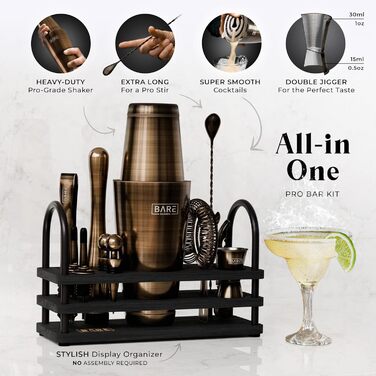 Bare Barrel® Cocktail Shaker Set - 14 Piece Mixology Bar Set with Boston Shaker, Martini Accessories, & Recipe Cards - Perfect Home Bartender Gift Set