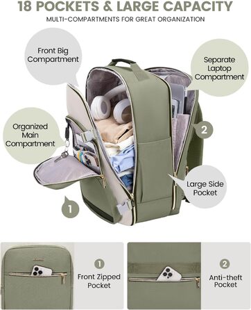 Рюкзак LOVEVOOK для ручної поклажі літака, 40L, водонепроникний, з відділенням для ноутбука 17 дюймів, для подорожей, школи, роботи, кемпінгу (зелений + бежевий + чорна шкіра)