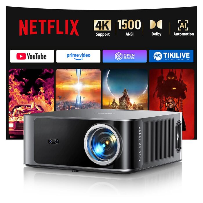 Смарт-проектор Toptro 4K Home Cinema, 1500 ANSI люмен, Full HD 1080p, Netflix, Dolby Audio, двосторонній Bluetooth, WiFi, AI-автофокус та корекція трапеції, для дому та вулиці, чорний