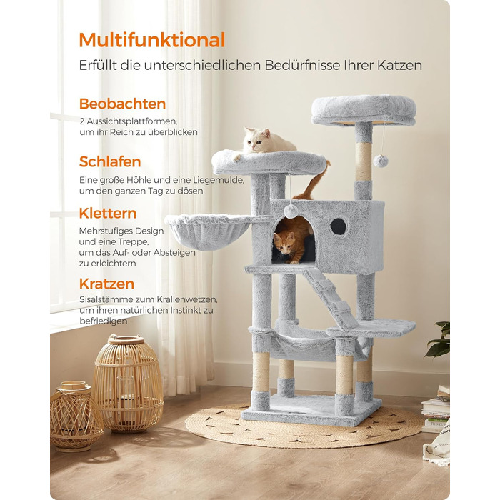 Дерево для котів Feandrea велике, кігтеточка з м'яким покриттям, для великих котів, Ombré сіро-біле PCT162W01
