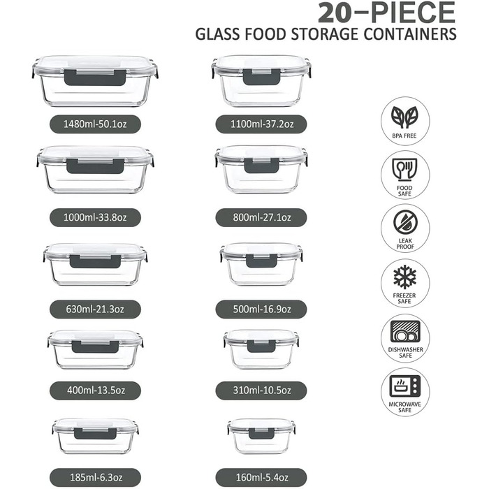 Набір контейнерів для зберігання Fenger Glas з кришкою (10 шт.) - герметичні, BPA-free, для холодильника та мікрохвильовки