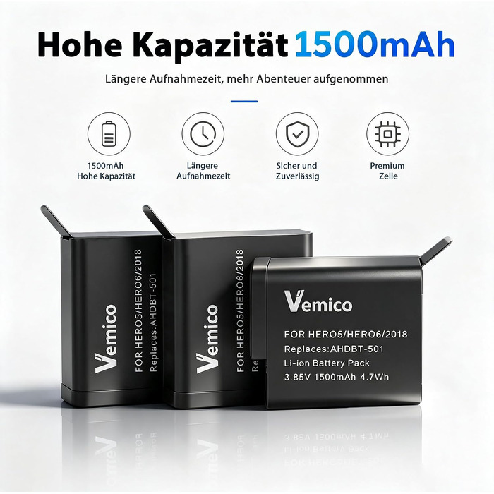Комплект акумуляторів та зарядного пристрою Vemico для GoPro Hero 7: 3 акумулятори по 1500mAh та USB-C зарядка