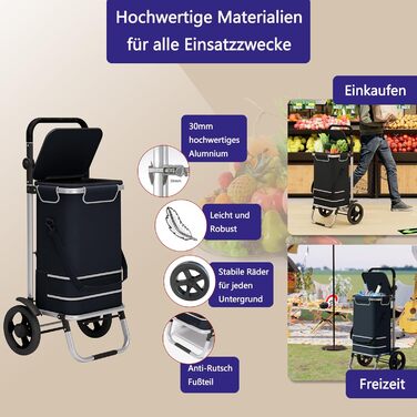 Великий колісний візок для покупок 64L, розкладний, до 60кг, з відділенням-холодильником, з відбивачем, чорний