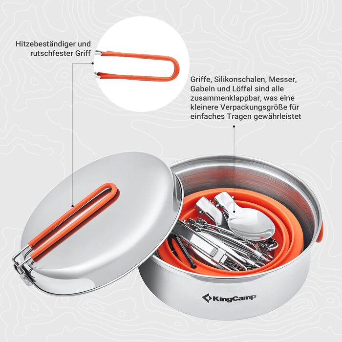 Набір посуду для кемпінгу KingCamp на 2-4 особи: нержавіюча сталь, складане приладдя, ультралегкий набір каструль та сковорідок для кемпінгу