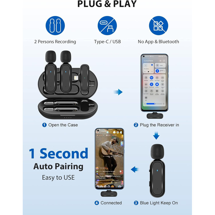 Мікрофон Lavalier Moman Handy Mini: бездротовий мікрофон для iPhone, YouTube, TikTok, Live-Streaming (чорний)