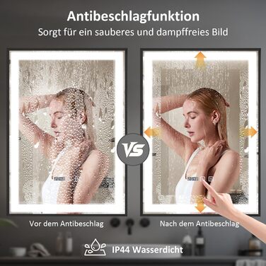 Дзеркало YOURLITE з підсвічуванням 70x50 см, LED дзеркало для ванної кімнати з годинником, сенсорне керування, 3 кольори світла, регулювання яскравості, антизапар, пам'ять, срібний (чорний-5070)