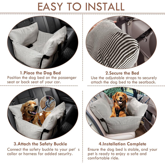 Автокрісло для собак маленьких та середніх порід до 18 кг, з ременями безпеки та кишенями для зберігання, антиковзаюча підкладка (морські смуги) (Коричневе, 76.2x52 см)