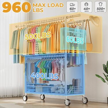 Вішалка для одягу Bomclap, міцна, на колесах, розсувна, з 3 перекладинами, 8 гачків та полицею, до 160 кг, біла