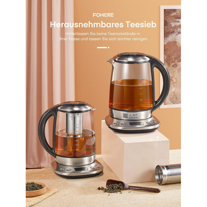 Kettle with Temperature Setting - FOHERE 2200W Glass Kettle - 6 Presets - 2 Hour Keep Warm Function - 1.7L Tea Maker - LCD Screen - Stainless Steel Base