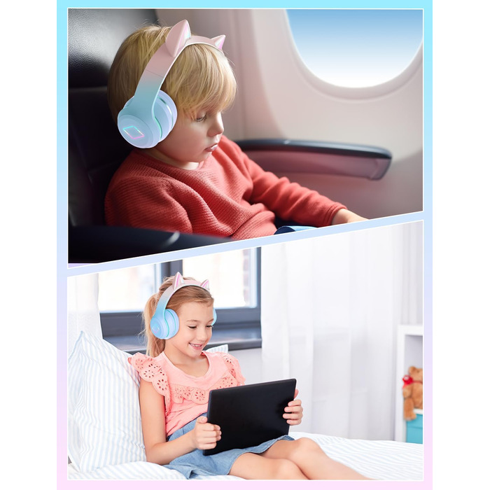 Бездротові навушники Bluetooth для дітей з LED-підсвіткою, котячими вушками та мікрофоном, HD Stereo, складна конструкція, регульоване наголов'я, для дівчаток (блакитні)