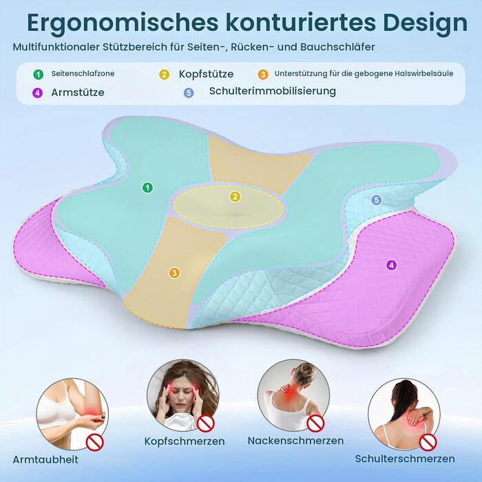 Ергономічна подушка з ефектом пам'яті Memory Foam для шиї та голови, ортопедична подушка для сну на боці, регульована висота, 62x41x13/11 см, світло-фіолетова