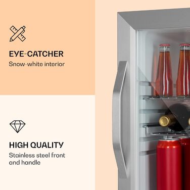 Міні-холодильник Klarstein з скляними дверцятами, 33 л, срібний, для кімнати, тихий, з регульованими полицями