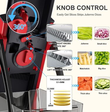 Мандоліна слайсер ONCE FOR ALL Upgrade Safe: великий, регульований подрібнювач овочів та продуктів, для нарізки картоплі фрі, знімні леза (червоний/чорний)