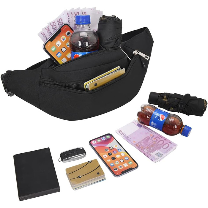 Чоловіча та жіноча поясна сумка на пояс, сумка через плече, Doggy Bag, для активного відпочинку, спорту, подорожей, кемпінгу, фітнесу, велосипеда, чорна