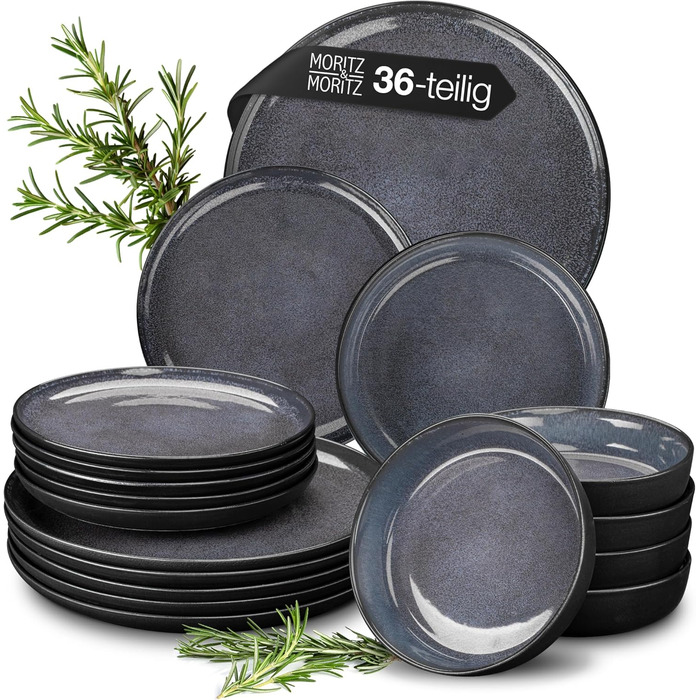Moritz & Moritz VIDA Dinnerware Set for 12 People Blue 36-Piece - Modern Porcelain Dinnerware Set - Scratch, Microwave & Dishwasher Safe, Dining Service, Table Service, Combination Service for 12 People