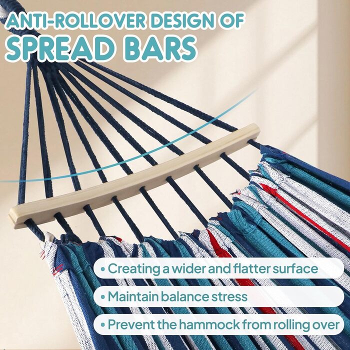 Гамак садовий ANYOO з дерев'яною перекладиною, портативний, зручний для тераси, саду, пляжу (синьо-червоно-білий)