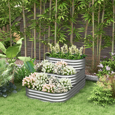 Outsunny Metal Raised Garden Bed, 3-Tier Planter Box, DIY Flower Box, Herb Garden with Safety Edges, Vegetable Bed for Garden, Balcony, Silver, 158 x 109 x 82 cm | Aosom