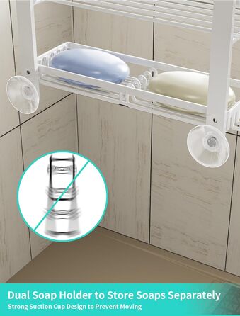 HapiRm Shower Shelf - Hanging Shower Rack Adjustable with 4 Shower Baskets, Shower Shelf No Drilling with Soap Dish and Hooks, Shower Shelf Over the Door Glass Wall & Bathroom Door (White)