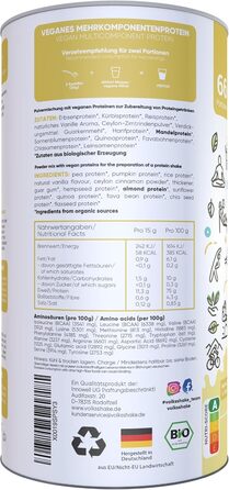 BIO Protein vegan | Vanilla | DE-ÖKO-006 | 10 plant-based protein sources | Without sweeteners | Soy & Gluten-free | Premium quality from Lake Constance | Made in Germany (1000g, Vanilla)