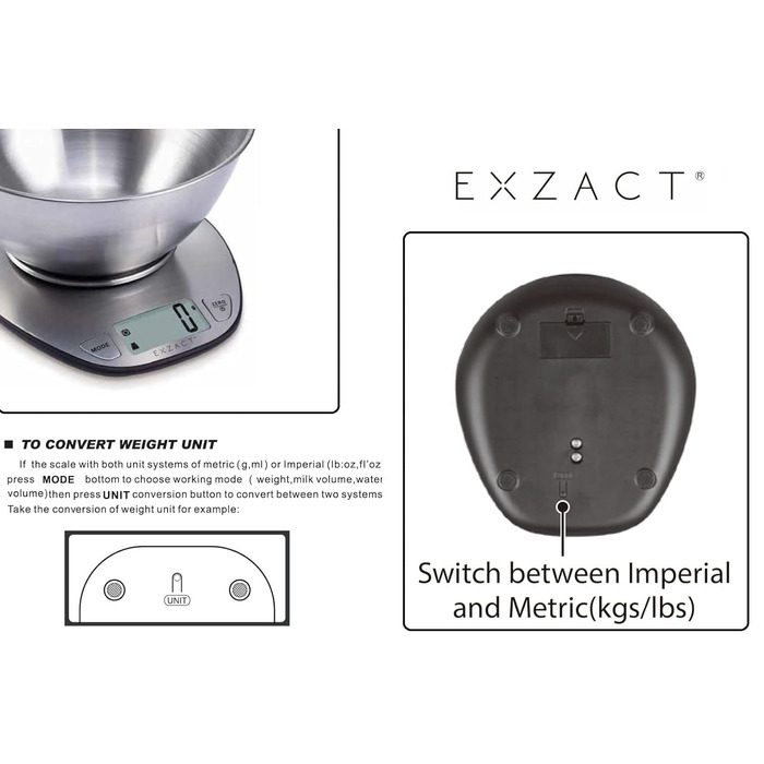 Кухонні ваги EXZACT EX4350 з нержавіючої сталі - електронні ваги з мискою для приготування та випікання, функція тарування, до 5 кг