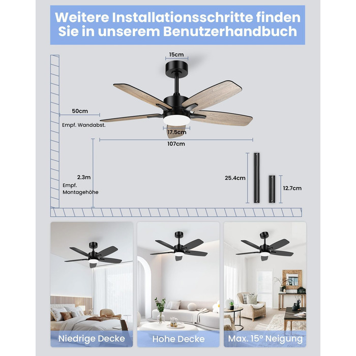 Стелянка вентилятор 106 см з підсвіткою та двосторонніми лопатями, тихий вентилятор з LED-лампою та пультом керування, для спальні та вітальні, DC мотор, штанга темне дерево