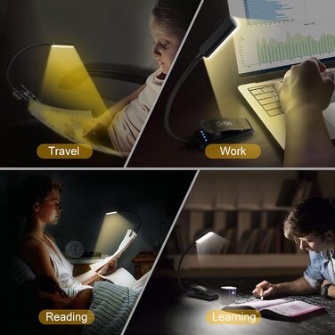 Лампа для читання Gritin з кріпленням, USB, 3 режими температури кольору, регулювання яскравості, гнучка, 360°, для читання в ліжку, у подорожах - чорний