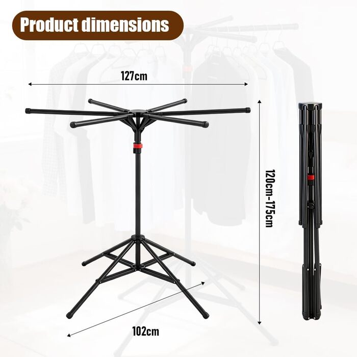 Сушарка для білизни Standtrockner Hoch Klappbar - розкладний стійкий тримач для одягу з 6 крилами, регульована висота 120-170 см, з вуглецевої сталі, для балкону, в приміщенні та на вулиці (чорний)