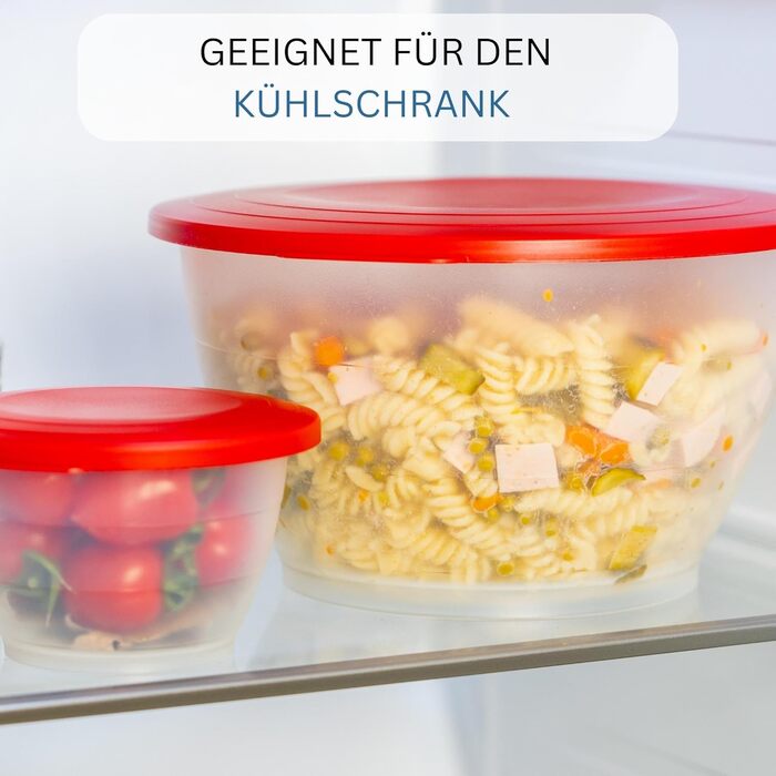 Westmark Bowl Set, 4 bowls including lids and colander, 9-piece set, capacity: 0.6/1.3/2.5/4.4 liters, plastic, BPA-free, Olympia, color: Transparent/Red, 2420226R