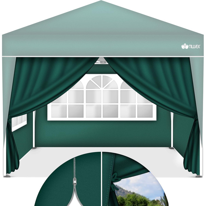 tillvex® for 3x3m Pavilion | Folding Pavilion Side Walls Water-Repellent | Side Windows & Zipper | Side Walls for Garden Tent Party Tent (4x Side Wall, Green)