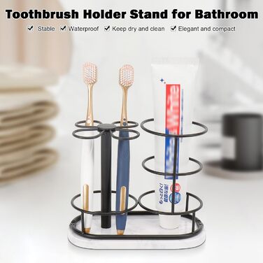 HarJue Toothbrush Holder for Bathroom, Metal Toothbrush Organizer with Marble Base, Toothbrush Storage Collection for Family, Suitable for Home, Hotel, Countertop, Vanity (Matte Black, Medium)