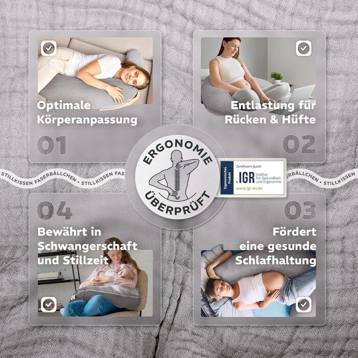 Подушка для вагітних та годування Sei Design XXL 190x35 см, мусліновий чохол (Taupe), ергономічна, з органічної бавовни