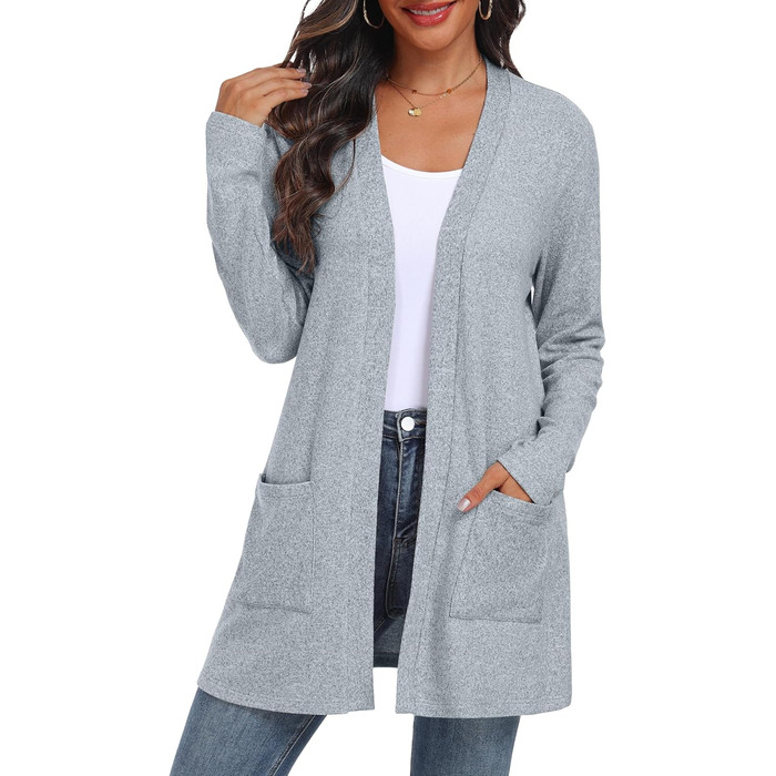 Жіночий в'язаний кардиган QIXING з кишенями, оливковий колір, розмір XL, для осені та зими. Зручний, дихаючий та теплий.