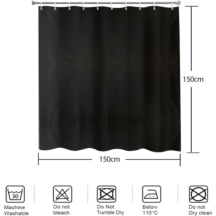 Штора для душу YISURE 150x150 см чорна, текстильна, поліестер, з металевими люверсами, машинне прання