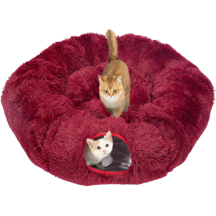 Cat Tunnel with Central Cushion, Soft Cat Toy Round Multi-Function Cat Bed - (Red)