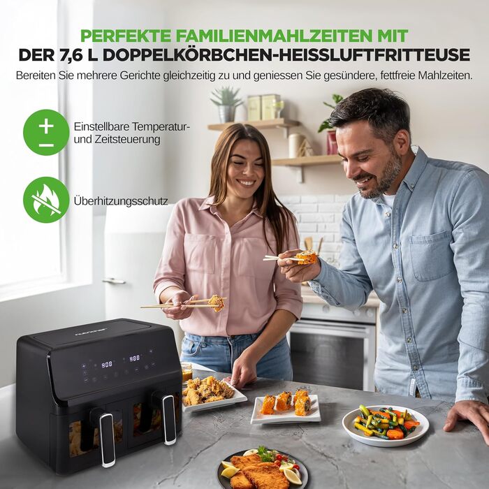 Фритюрниця NutriChef з гарячим повітрям, XXL 8л, подвійна камера, вікно, max 360°C, 9 програм, антипригарне покриття, придатна для миття в посудомийній машині, приготування без жиру, фритюрниця, гриль, духовка, 1700W, 8л, чорний