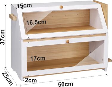Leader Accessories Бамбуковий хлібний ящик з 2 ярусами, з дощечкою для нарізання, харчовий, легкий у догляді, 50x25x37 см, білий