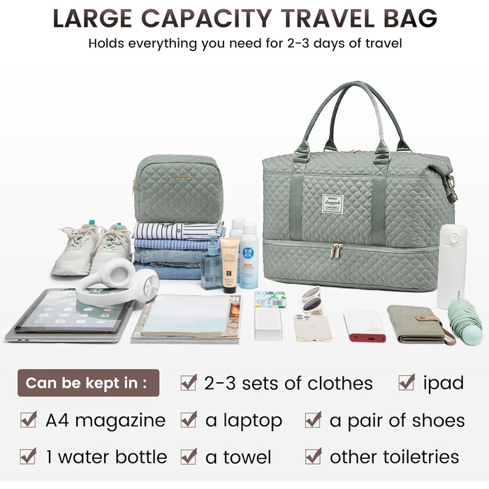 Спортивна дорожня сумка LOVEVOOK для жінок, велика, на вихідні, Travel Duffle Bag з культуробегу та відділенням для взуття, водонепроникна, для подорожей, спортзалу, кемпінгу, пологів (M-2шт, сірий, зелений)
