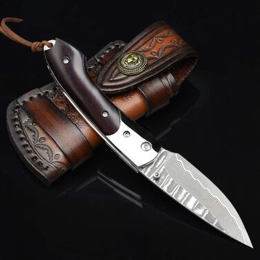 Складаний дамаський ніж NedFoss SWORDFISH 7 см, 67 шарів VG10, дерев'яна ручка, чохол і кліпса, мисливський ніж для колекції та подарунку