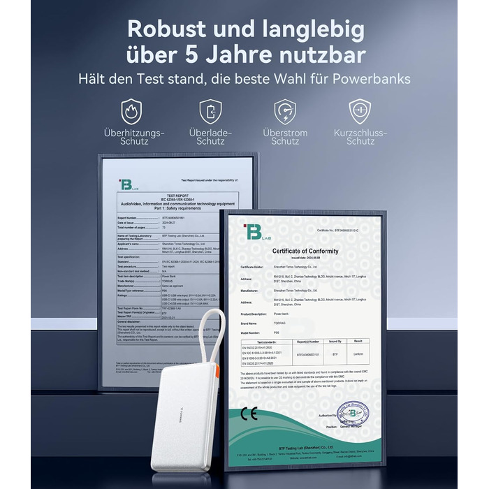 Портативний зарядний пристрій TORRAS 10000mAh з кабелем USB-C, 22.5W PD3.0, білий. Сумісний з iPhone, Samsung, AirPods.