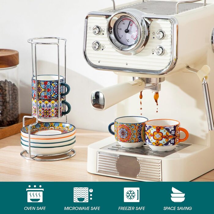 Набір чашок для еспресо Vancasso 4 шт., 150 мл SIMI, з підставками та стійкою, керамічні, для капучіно, еспресо, лате