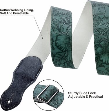 Гітарний ремінь Nefelibata з кишенькою для медіатора, 2.3-дюймовий шкіряний ремінь у стилі Porter, якісна шкіра, вінтажний стиль 60-х, вестерн, з медіаторами, кнопками та застібками. Регульована довжина: 42-66 дюймів. Колір: C# - Зелений