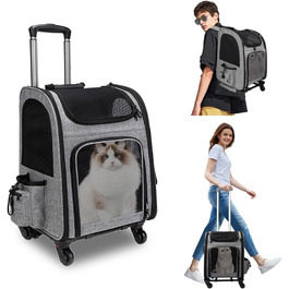 Транспортна переноска для котів та собак на колесах, 360° обертання, з кишенями, вантажний візок-рюкзак, портативна та дихаюча, для маленьких собак та середніх котів до 15 кг