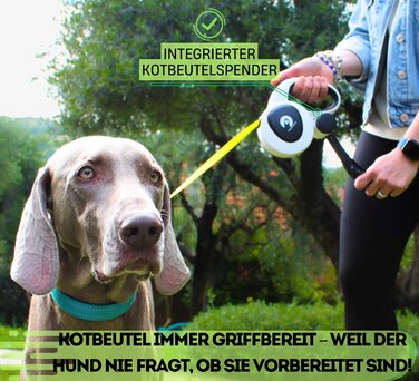 Snuggle Paws Retractable Dog Leash - 5m LED Light, Poop Bag Dispenser, Chew-Proof Steel Cable, Reflective Nylon Band | Extendable Leash for Small Dogs up to 20kg