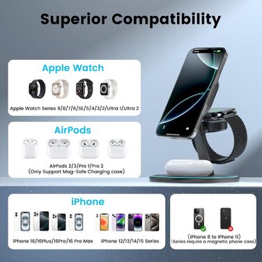 3-в-1 Зарядний пристрій MagSafe, 15W Швидка Бездротова Зарядка, Індукційна Зарядка для iPhone 16/15/14/13/12, Розумний годинник, AirPods Pro/2/3 - Чорний