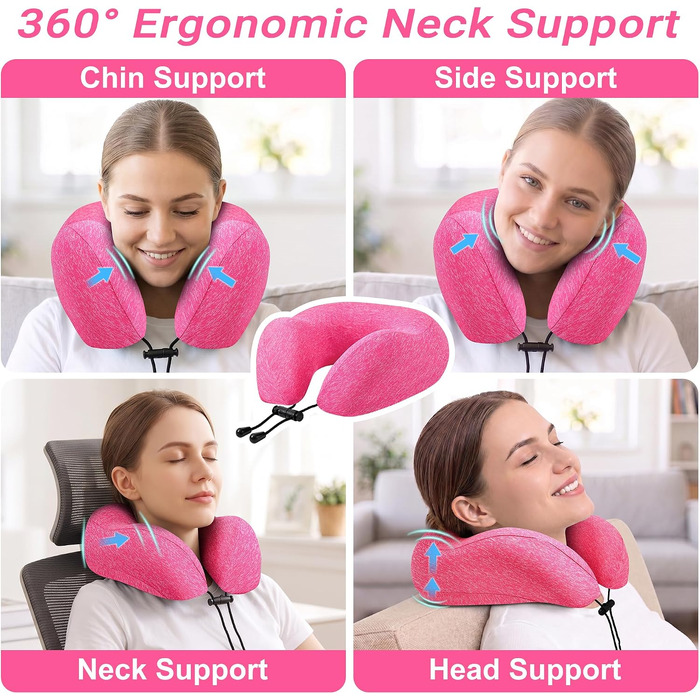 Подушка для подорожей Kobete з ефектом пам'яті (Memory Foam) для шиї, набір для сну в літаку, авто, поїзді: 3D-маска для сну, беруші та сумка (Рожевий)