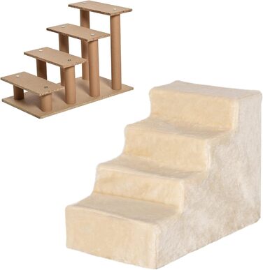 PawHut 4-Step Dog Stairs, 35 cm Cat Stairs for Bed and Sofa, Pet Stairs for Dogs and Cats up to 5 kg, Plush Appearance, Beige