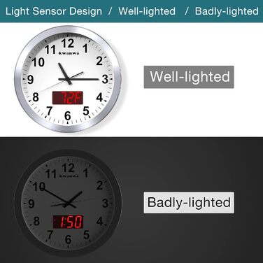 KWANWA Modern Wall Clock with No Ticking Sound • Digital LCD/LED Display • Calendar & Temperature • Battery Powered • 30.5cm • 12h Format, Perfect for Kitchen, Bedroom & Office (Silver Case, Red LED)